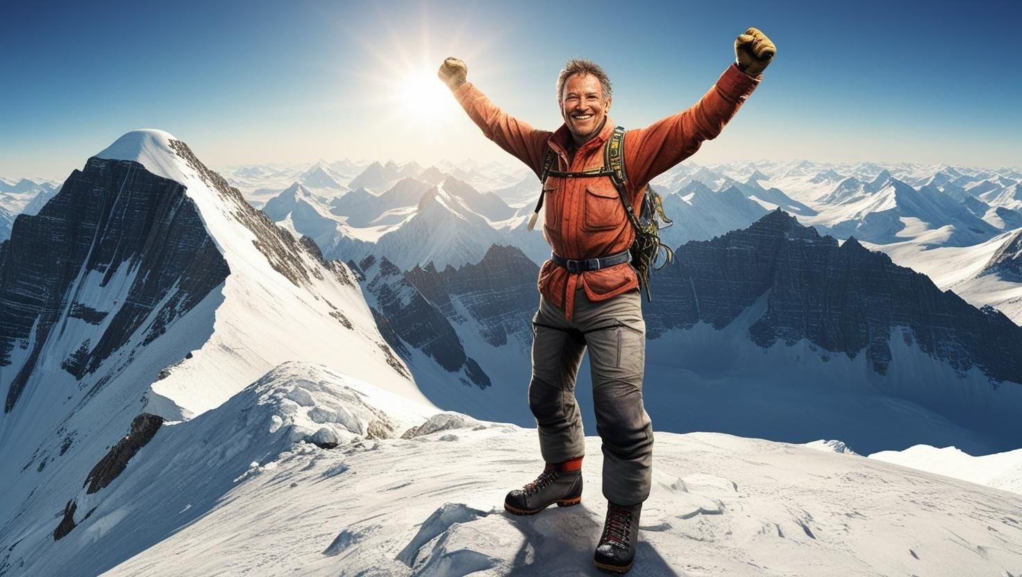 un alpiniste gravissant le sommet d'une montagne et heureux d'y être parvenu