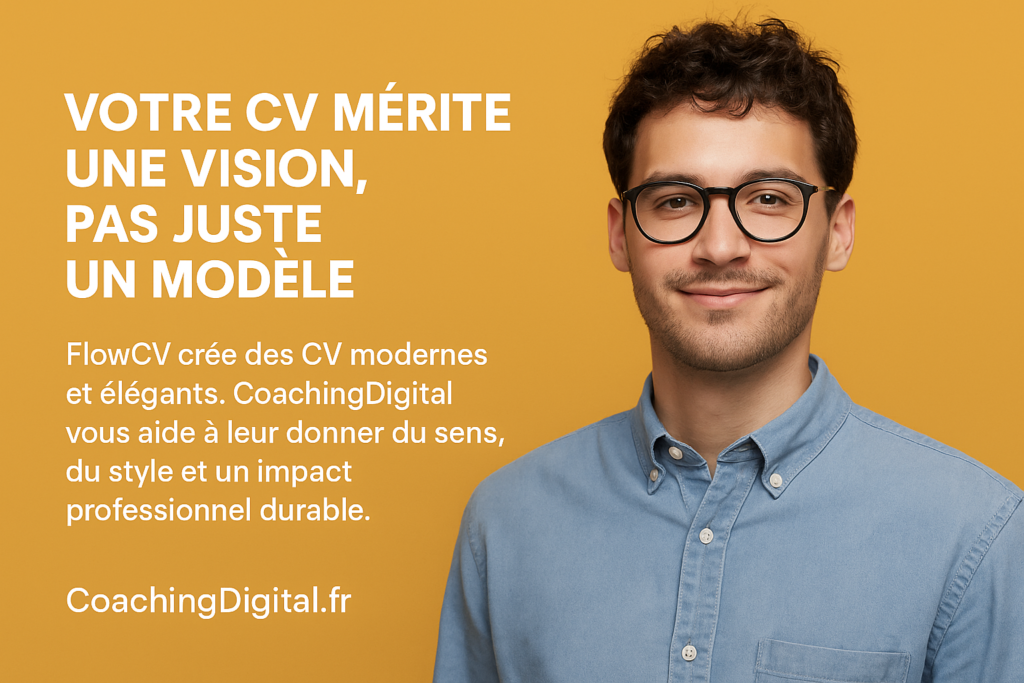 Jeune homme souriant portant des lunettes et une chemise bleue, posant sur fond jaune avec un message sur la création de CV modernes. Le visuel met en avant FlowCV et CoachingDigital, qui allient design et accompagnement humain pour donner du sens et de l’impact professionnel à chaque candidature.