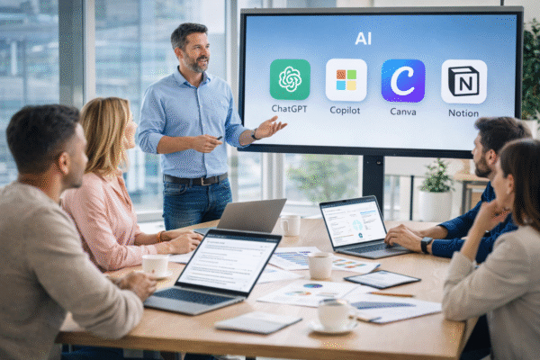 telier pratique sur l’intelligence artificielle avec participants utilisant des ordinateurs portables lors d’une session interactive en petit groupe.
