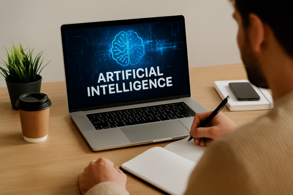 Une personne prend des notes devant un ordinateur portable affichant le texte « Artificial Intelligence » avec un dessin stylisé de cerveau numérique.