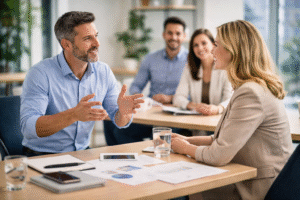 Formateur en situation d’entraînement commercial lors d’une mise en situation avec des participants en réunion professionnelle.
