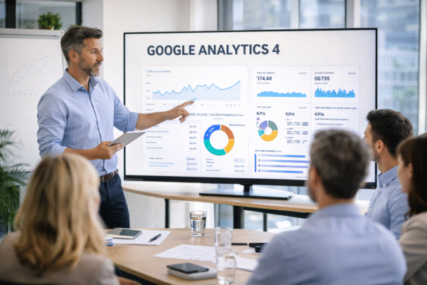 Formateur présentant un tableau de bord Google Analytics 4 à un groupe de participants lors d’une formation en marketing digital.
