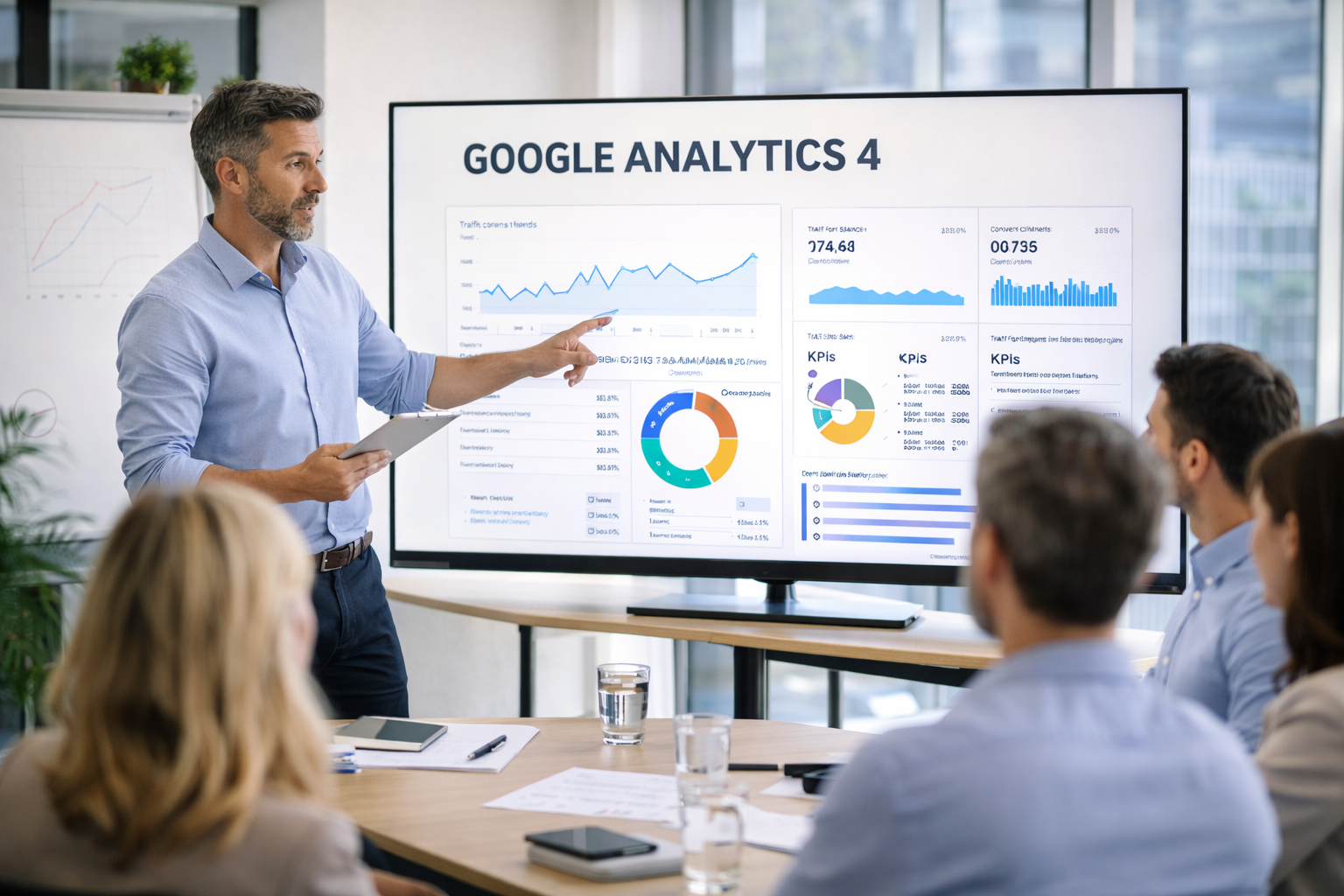 Formateur présentant un tableau de bord Google Analytics 4 à un groupe de participants lors d’une formation en marketing digital.