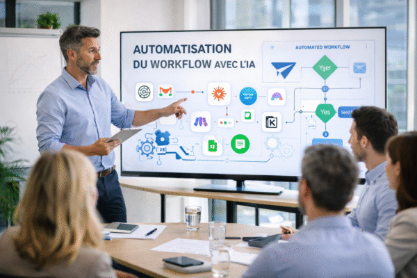 Formateur présentant un processus d’automatisation avec intelligence artificielle à un groupe de professionnels en salle de formation.
