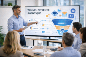 Formateur pr&eacute;sentant un tunnel de vente int&eacute;grant des agents IA &agrave; un groupe de professionnels en salle de formation.
