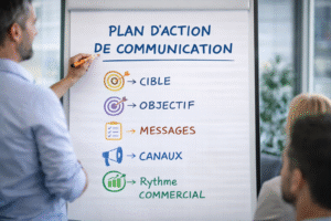 Formateur présentant un plan d’action de communication structuré sur un paperboard lors d’une session de formation en entreprise.