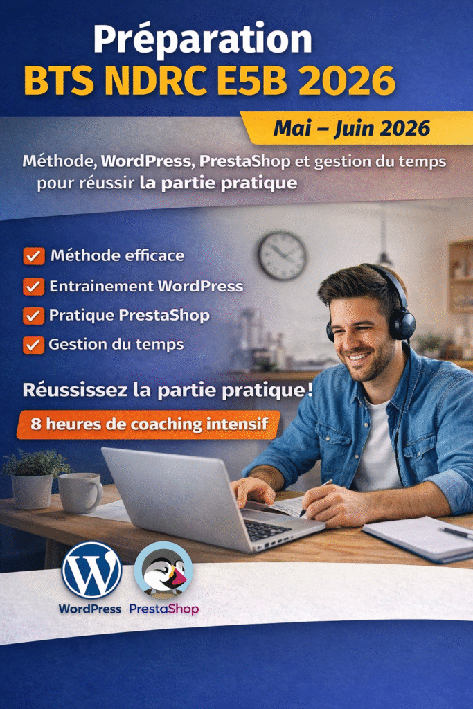 Étudiant travaillant sur ordinateur portable lors d’une session de préparation en ligne au BTS NDRC E5B 2026 avec entraînement WordPress et PrestaShop.