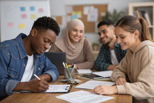 Groupe de jeunes travaillant ensemble autour d&rsquo;une table pour r&eacute;diger un CV et pr&eacute;parer leur insertion professionnelle.