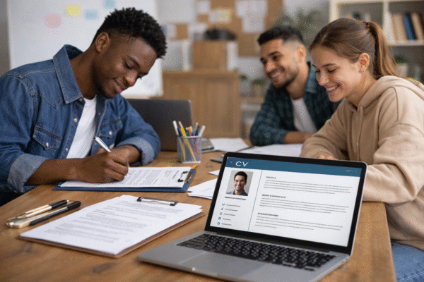 Trois jeunes adultes travaillent ensemble autour d’un ordinateur portable affichant un CV, en rédigeant des documents de candidature dans un environnement de formation.