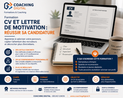 Formation CV et lettre de motivation pour apprendre à valoriser son parcours, réussir sa candidature et augmenter ses chances d’obtenir un entretien.