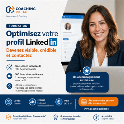 Accompagnement LinkedIn personnalisé en visioconférence pour optimiser son profil, gagner en visibilité et développer ses opportunités professionnelles.